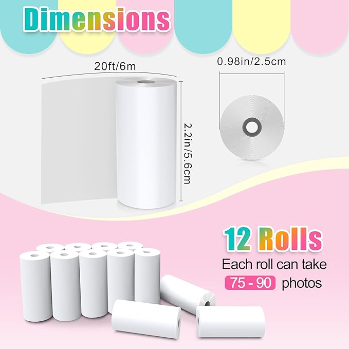 12 Rolls Instant Print Camera for Kids Refill Print Paper - Hikkon Thermal Print Paper Rolls Photo Print HD Printing for Most Kids Instant Camera - Paper Only(White-12)