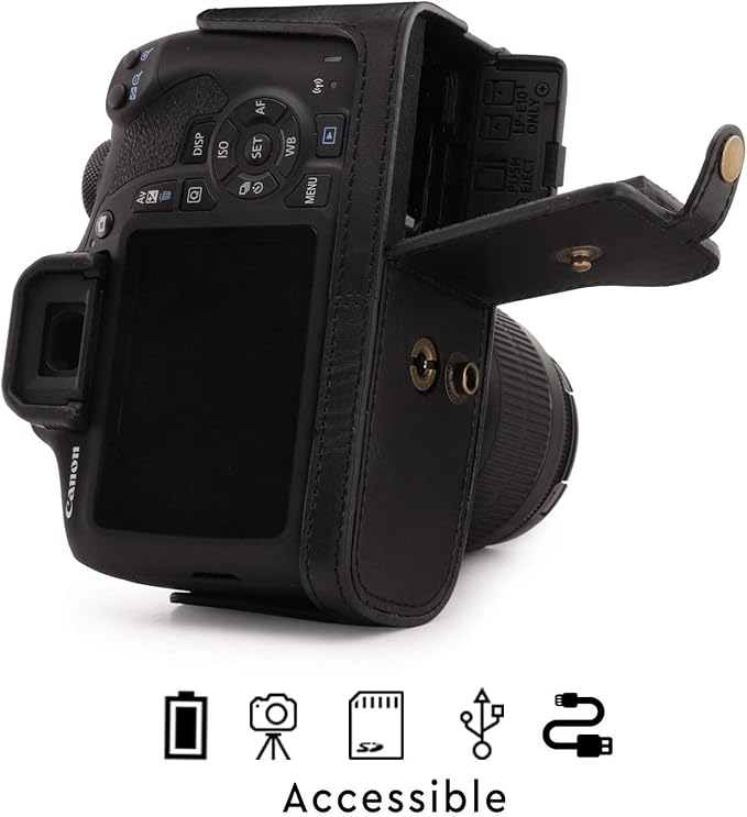 MegaGear MG1607 Ever Ready Leather Camera Case compatible with Canon EOS Rebel T7 (18-55mm), 2000D (18-55mm) - Black