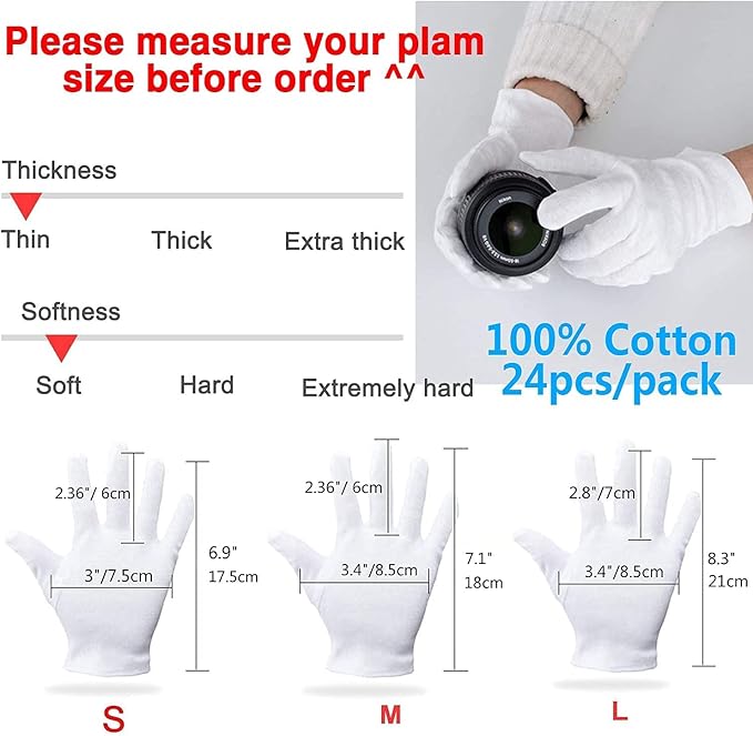 Cotton Gloves - 24pcs Soft White Gloves Moisturizing Eczema Gloves for Dry Hands SPA Inspection (Small)