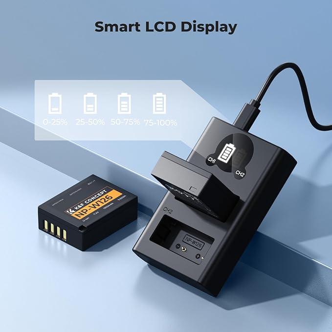 K&F Concept 1300mAh NP-W126 NP-W126S Battery and Charger for Fujifilm XM5, X100VI, X100V, XS10, XT30, XT30 II, XT20, XE4, A5, Dual-Slot Fast Charger, Type-C and Micro-USB Input, 2 Pack Battery