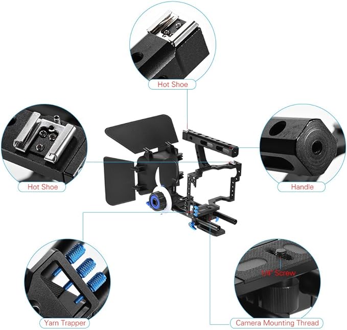 Andoer Camera Cage Kit C500 Aluminum Alloy Camera Camcorder Video Cage Rig Kit Film Making System with 15mm Rod Matte Box Follow Focus Handle Grip for Panasonic GH4 for Sony A7S/A7/A7R/A7RII/A7SII