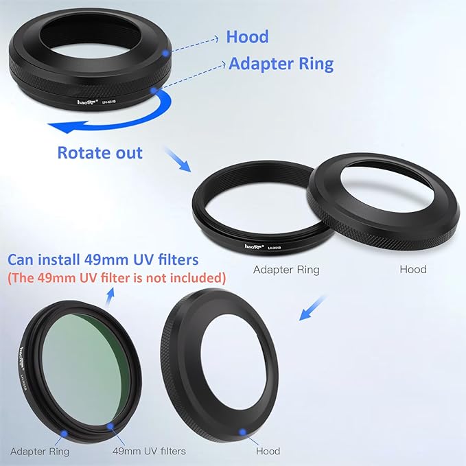 Haoge LH-X51B 2in1 All Metal Ultra-Thin Lens Hood with Adapter Ring Set for Fujifilm X100VI FinePix X100V Camera Accessories Black