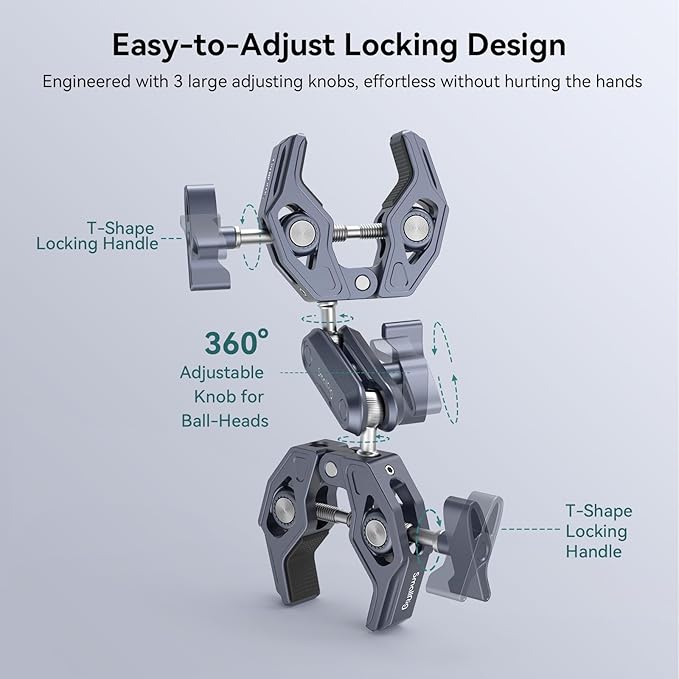 SMALLRIG Double Clamp Mount, Super Clamp Arm, for Chair, Pole, Tripod, C Stand, Handlebar, All Metal Max Load Capacity 3.5kg