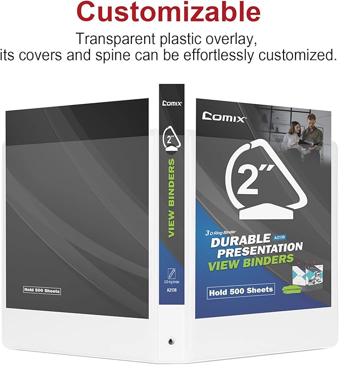 Comix Sturdy 2 Inch D-Ring Binders, 2'' 3 Ring Binder with Clear View Cover, 2.4mm-Thick, Holds 500 Sheets of 8.5" x 11" Paper, 6 Pack (White)