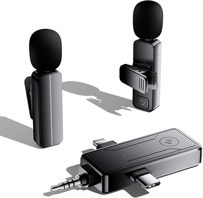 2 Pack Wireless Mini Lavalier Lapel Microphone for iPhone,Android Device(3 in 1) - 65ft Cordless Clip on Dual Mics with Noise Reduction 6H Working Time for Video Recording Vlogging, YouTube, Interview