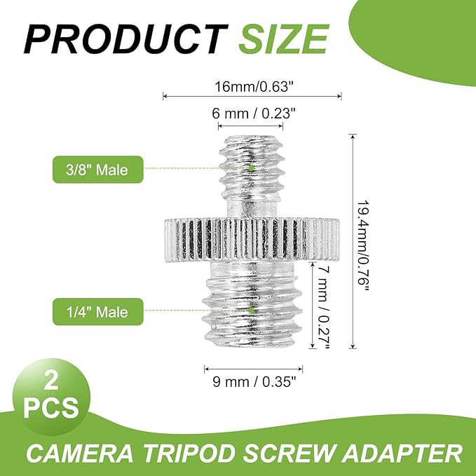 PATIKIL 3/8" Male to 1/4" Male Thread Camera Tripod Screw Adapter, 2 Pcs Camera Converter Screw Adapter Connector for Microphone Tripod Monopod Ball Head Light Stand Mount, Silver