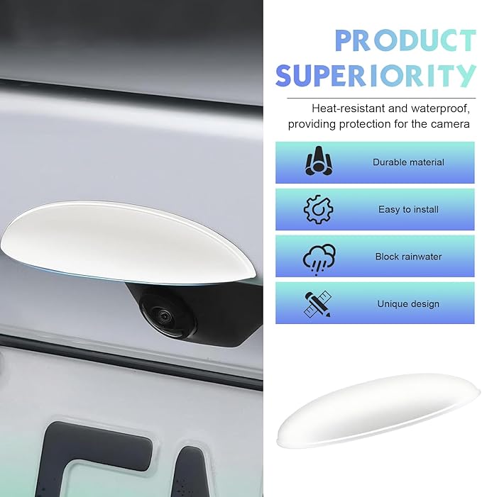 Car Rear View Camera Cover, Waterproof Anti-Rain Shield for Unobstructed View, ABS Wider Anti-Glare Reversing Cam Protector, Self-Adhesive Backup Lens Guard for Cars (White)