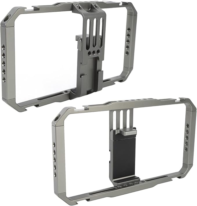 Smartphone Video Rig Camera Cage, Handheld Phone Video Stabilizer with Dual Handles, Aluminum Alloy Vlogging Cage with Cold Shoe and 1/4" Mounts for Phones 2.5-3.4in