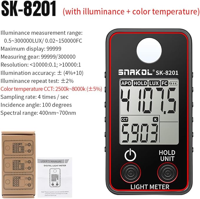 Karlak Color Temperature Tester High Precise Illuminance Meter 0.5-300000LUX LED Illumination Test Meter Photographic Luminance Measuring Device