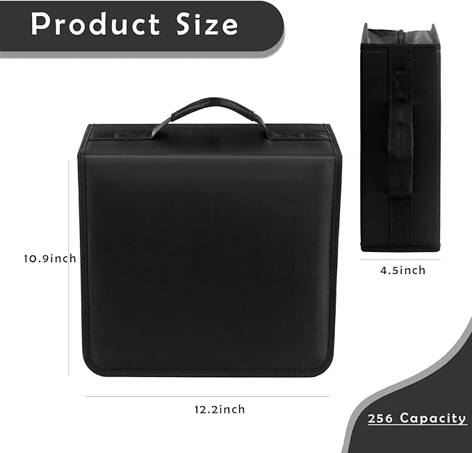 DVD/CD Case Holder - 256 Capacity Disc Storage Wallet Binder for Car, Home, Office, Travel (Black)