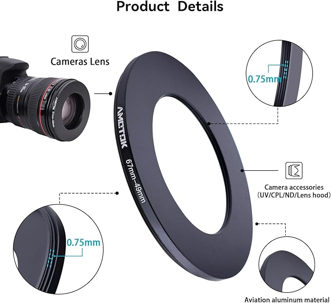 67mm Lens to 49mm Camera Lens Adapter,67mm-49mm Filter Step-Down Ring,Compatible All 49mm Filter Accessory.Made from CNC Machined