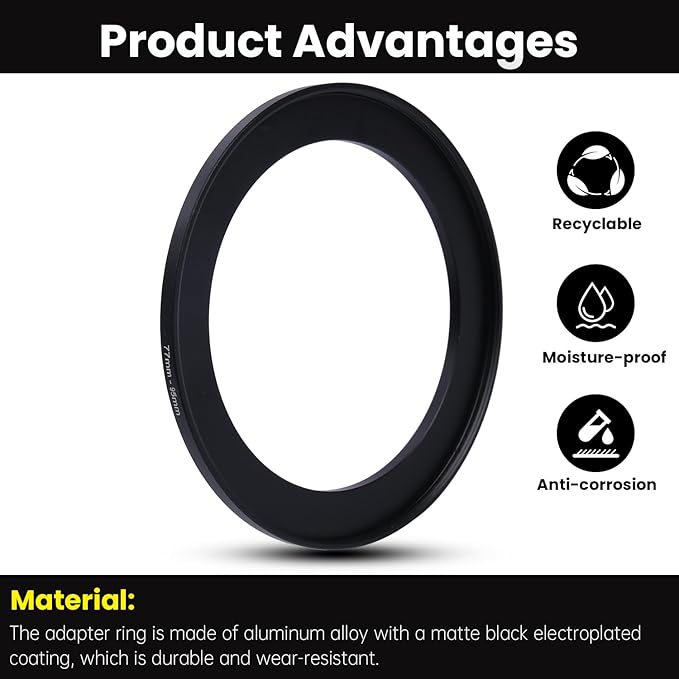 Metal Step Up Ring Filter Adapter - 77mm to 95mm - Metal Ring Step Up Rings Adapter Filter Compatible with All 95mm UV, CPL, ND, Lens Hood, Threaded Lens ect