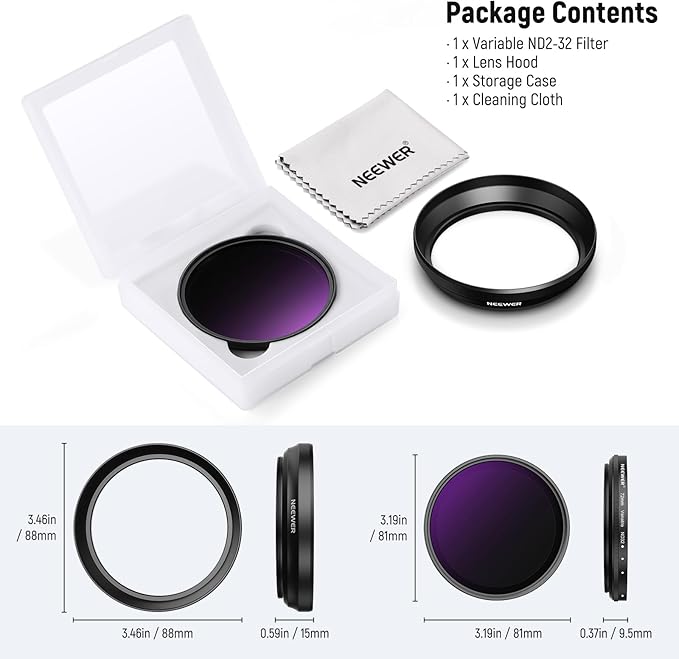 NEEWER 72mm Variable ND Filter with 77mm Lens Hood, ND2-32 Adjustable Neutral Density Filter Compatible with iPhone Android Samsung NEEWER 65mm Telephoto Phone Lens
