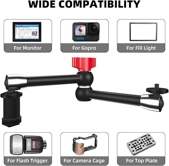 Adjustable Magic Arm, TOAZOE 11 Inch/28 cm Articulating Friction Arm Camera Mount with Both 1/4" Thread Screw Compatible with Camera, LCD Monitor, Fill Light,Flash LED Light