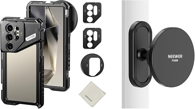 NEEWER Phone Cage & Magnetic Golf Cart Phone Holder, Mobile Video Rig Stabilizer Compatible with Samsung Galaxy S24 Ultra Moment T Series Lenses with 67mm Filter Adapter 17mm Lens Backplate