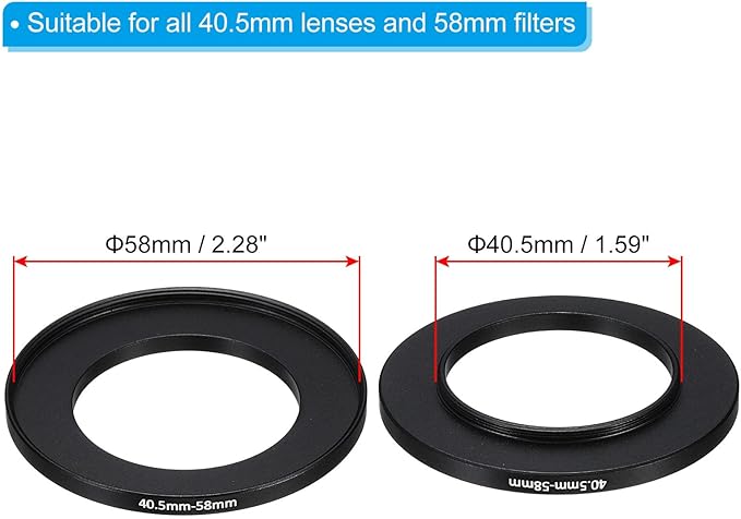 PATIKIL 40.5mm-58mm Metal Step Up Ring with Cleaning Cloth, 2 Pack Camera Lens Filter Adapter Ring Aluminum Filter Adapter Ring for Camera Lenses Hood, Black