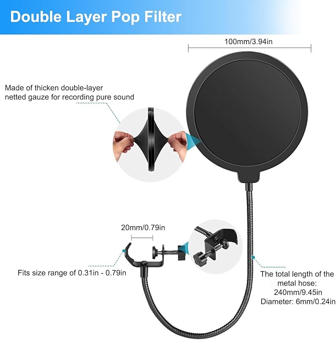 Mic Stand Desk, Table Mic Tripod Desktop Mic Stand Height Adjustable Small Microphone Stand for Desk with Pop Filter Shock Mount Mic Clip 1/4" to 5/8" Adapter for Blue Yeti Snowball