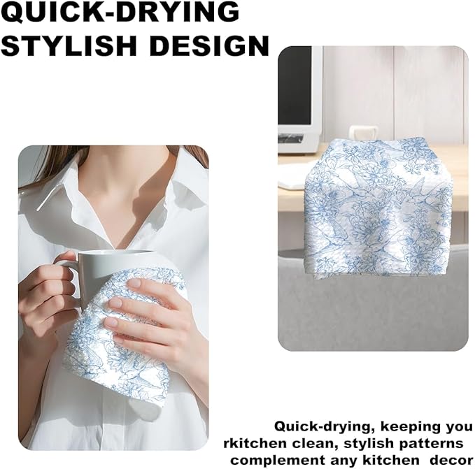 2 Pcs Chinoiserie Floral Bird Kitchen Towels 24x14 Inch, Blue White Flowers Bird Dish Towels for Kitchen Farmhouse Decor, Durable Absorbent Microfiber Tea Towel Dish Cloth, Home Gifts for Women Mom