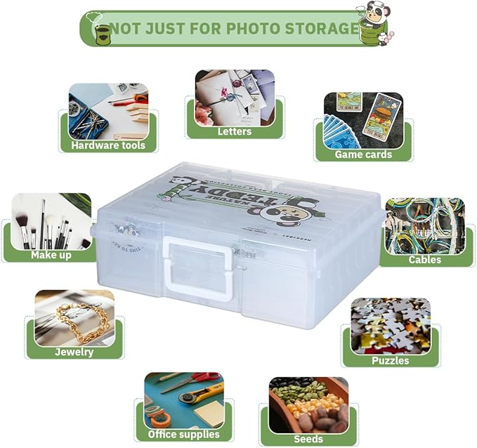 Naivees Photo Containers Storage Case Teddy Storage Box 4" x 6" Plastic Cartoon Organizer with 16 Inner Photo Containers Boxes for Photos,Cards,Pictures (Nature Green)