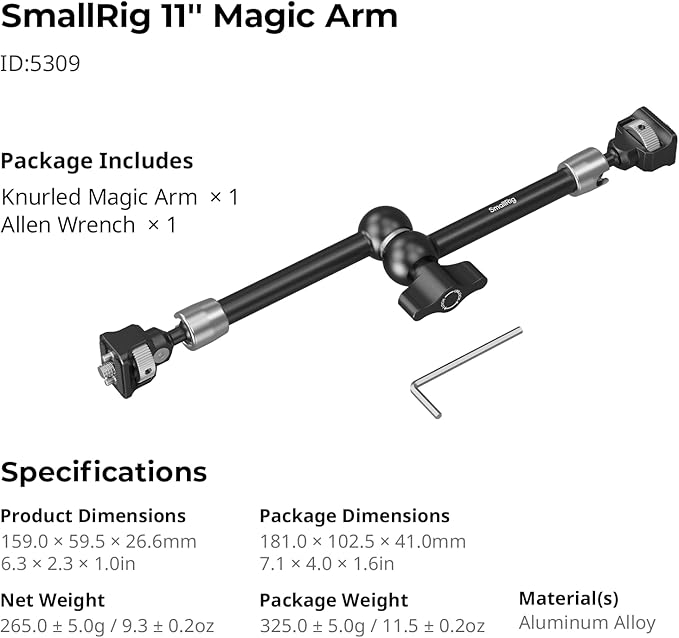 SMALLRIG 11'' Magic Arm with 1/4"-20 Screws & Spring-Loaded Pins, 1.5kg Load Capacity, 360° Dual Ball Head, Non-Slip Design for Cameras/Lights/Monitors/Mics/Phones – 5309