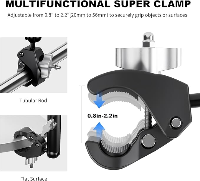 Double Super Clamp Camera/Umbrella Mount,360° Magic Long Arm Pole Clamp,Double Ball Head Adapter for Photo Studio Light Stand,Gopro,Golf Carts,Motorcycle,Cross Bars,Strollers (Black)