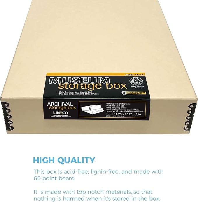 Lineco Museum Archival Storage Box, 11.75x15.25x3 in. Drop Front Design. Acid-Free with Metal Edge. Organize Photos, Pictures, Prints, Documents, Crafts, DIY. Tan, 2 Pack