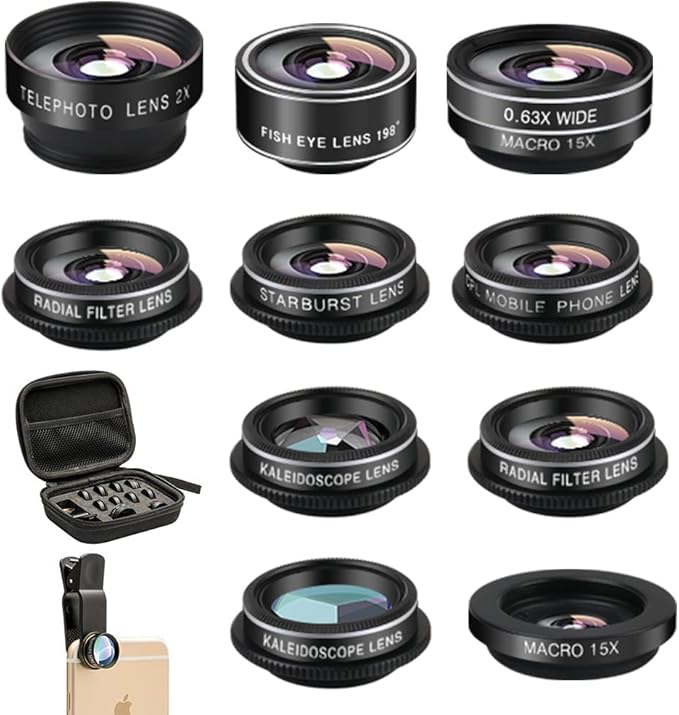 Phone Camera Lens (11 Lenses) Phone Lens Kit, Clip on Fisheye/Macro/Wide Angle Lens Attachment with Travel Case for iPhone 14 13 12 11 Xs X Pro Max Samsung Android Smartphone