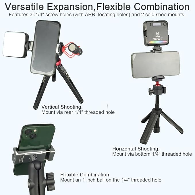 Aluminum Phone Tripod Mount Adapter with 2 Cold Shoes & Arca-Swiss Quick Release Plate,Metal Universal Adjustable Cell Phone Holder Clamp for iPhone 17/16/15/14/13 Pro Max/Samsung