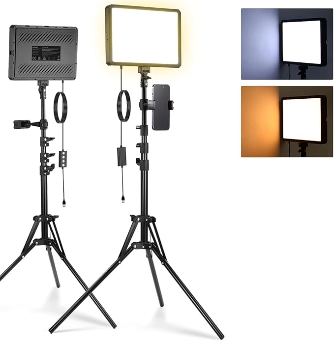 NEEWER Basics 2Pcs LED Video Light Panel with 59'' Tripod Stands/Phone Holders, 2700-6500K 850Lux Dimmable Plastic Studio Lighting for Photography Filming Recording Live Streaming, No Adapter, BP300