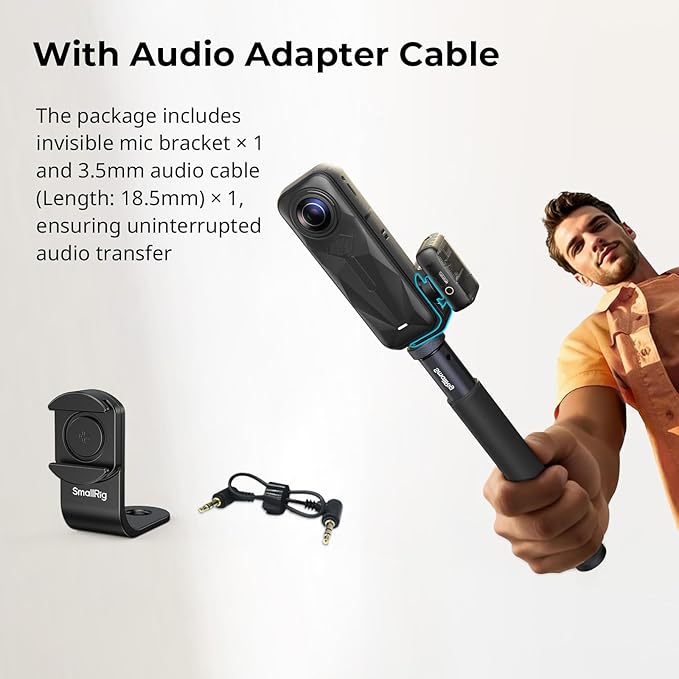 SMALLRIG Cold Shoe Mount 360° Adjustable for Insta360 X5 / X4 Accessories, Invisible Microphone Mount for DJI Mic 3 Transmitter, with 18.5mm Audio Adapter Cable - 5825