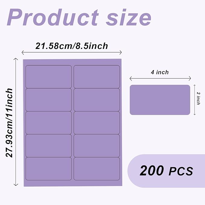 2" x 4" Colored Address Labels, 200 Bright Purple Label Stickers- Laser/Ink Jet Printer Mailing Labels, 8.5"x11" 20 per Sheet
