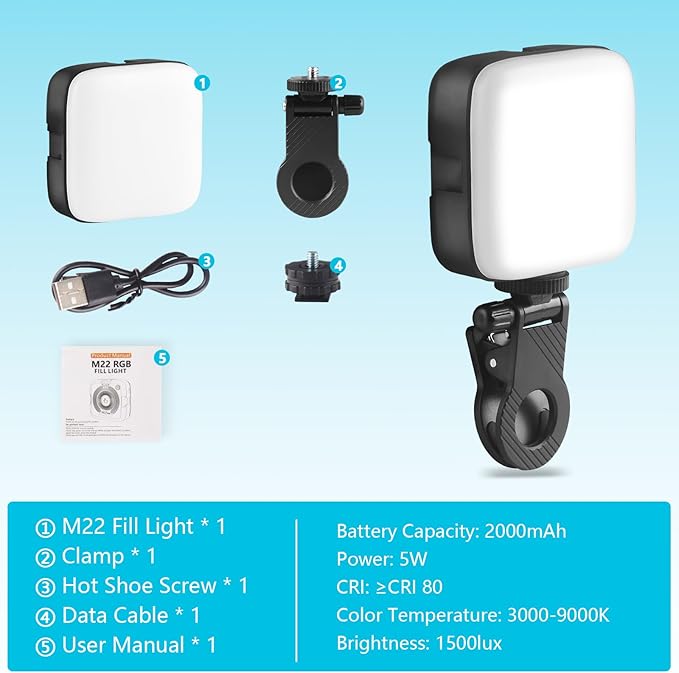 RGB Video Lights, Portable Camera Lights, LED Camera Light with Quick Release Cold Shoe Adapter and Clip, RGB Small Lamp, 3000-9000K 360° Full Color Photography Lighting for Camera, Black
