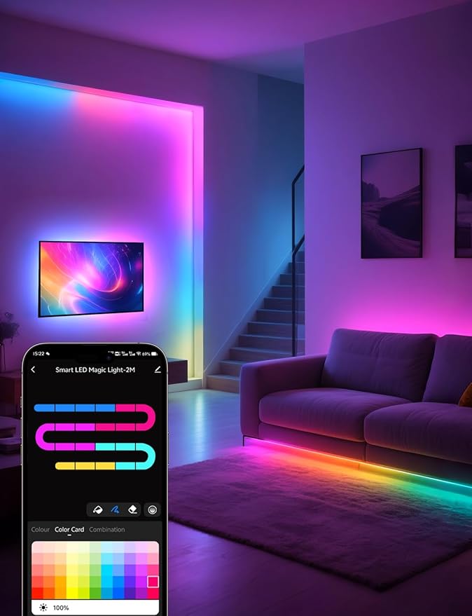 RGB+IC LED Strip Light, 16.4ft Smart LED Light for Bedroom, Bluetooth APP Control, Color Changing LED Strip Lighting, 44 Scene Modes, Music Sync, TV Backlight Behind Strip, Home Decor, Gaming Room