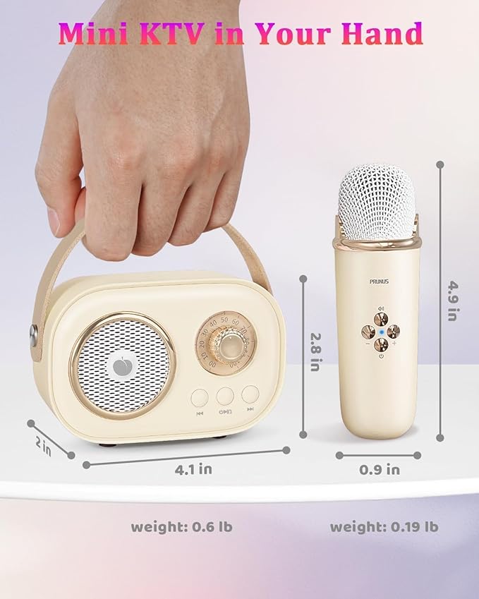 PRUNUS C20 Mini Karaoke Machine,Valentines Day Gifts for Her Him Kids Mens,Portable Bluetooth Speaker with 2 Wireless Microphone for Boys Girls 3-12+ Years Old Birthday Party Beige