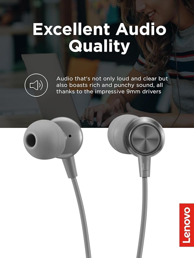 Lenovo - 300 Wired in-Ear USB-C Headphones - in-Line Microphone - USB-C Connectivity - Play & Pause Button - 3 Sizes Silicone Ear Tips Included, Grey