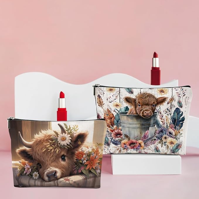 4 PCs Highland Cow Makeup Bag Cow Print Stuff Highland Cow Gifts Cosmetic Bag, Western Gifts for Women Scottish Girls Best Friends Coworkers, Cute Cow Stuff Christmas birthday Gifts Zipper Pouch
