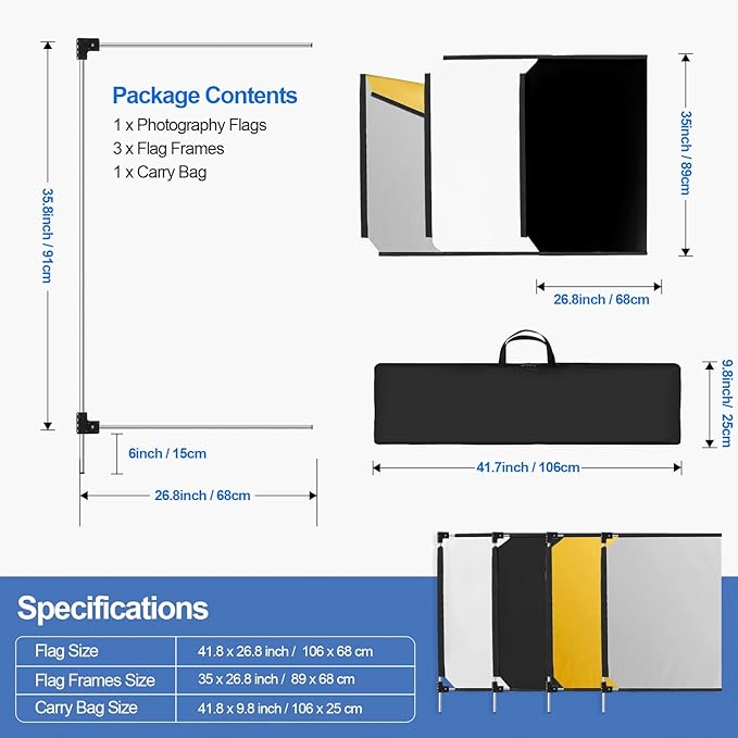 WELLMAKING 36x27 Light Reflector Flag, 5-in-1 Portable Collapsible Diffuser for Photo Video Studio Shooting-Silver, Gold, White and Black, Foldable Scrim Flag Kit, Shaper for Diffused & Light Effects