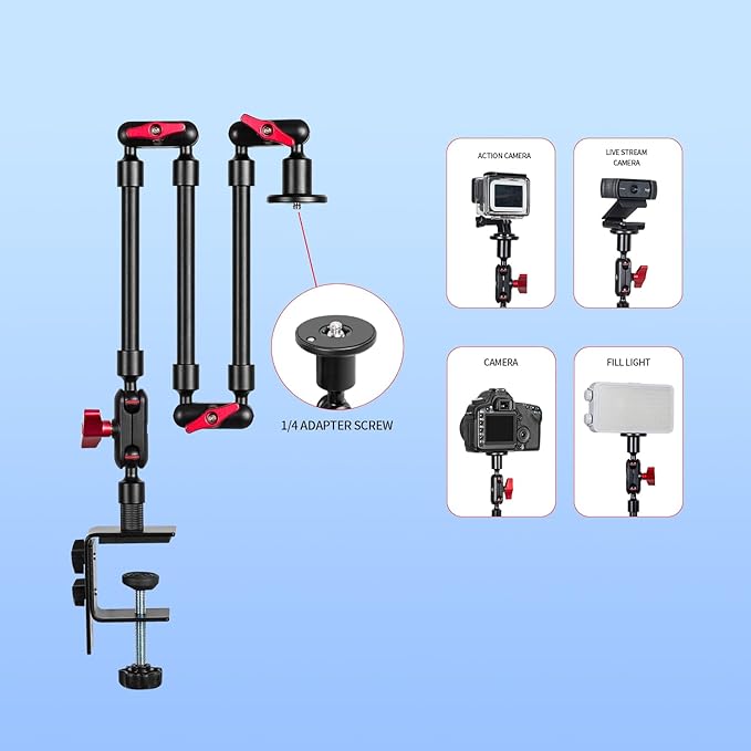Magic Arm with Clamp, Long Articulating Arm Camera Mount, Adjustable Phone Mount Holder 360° Rotation, Mic Arm for Microphone, LED Lights, for Phone, Tripod, Desk, Table
