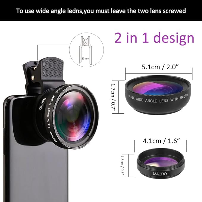 Mcoplus Cell Phone Camera Lens 2 in 1 Clip-on Lens Kit 37mm 0.45X 49UV Super Wide Angle & Macro Phone Camera Lens for iPhone and Android Smartphones Cell Phones