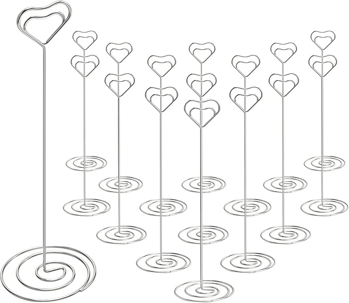 IMAMIN 16pcs Place Card Holders, 8.75 Inches Tall Table Number Holders, Silver Picture Holder for Tables with Heart Shaped Clip for Wedding, Photos, Food Signs, Memo Notes, Restaurant, Birthday