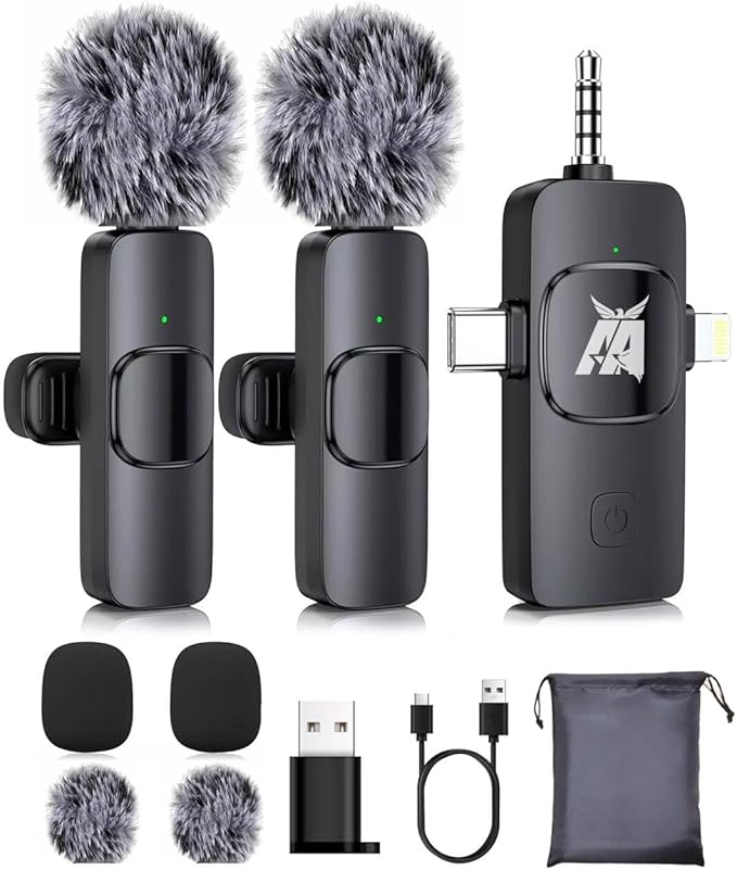 Aarkani Wireless Lavalier Microphone 3-in-1 for iPhone, Android, DSLR Camera – Dual Mic Set with Receiver (Lightning, USB-C, 3.5mm), Plug & Play for Video Recording, YouTube, Vlog, Interview