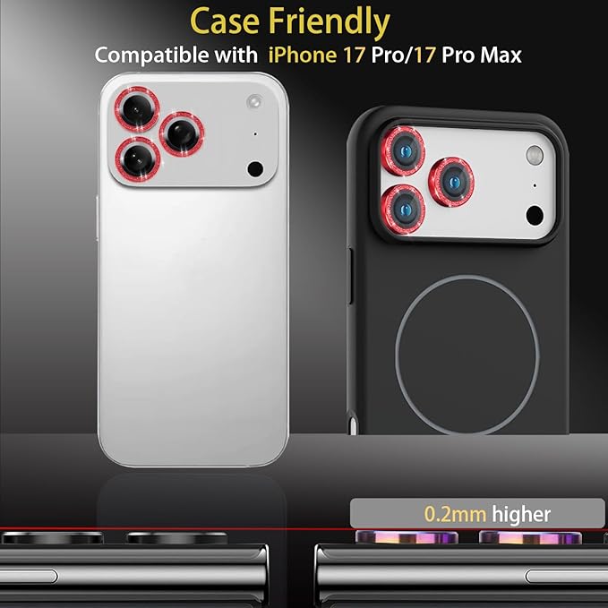 Camera Lens Protector for iPhone 17 Pro/17 Pro Max, Aluminum Alloy Tempered Glass Lens Protector with Installation Frame Fits for iPhone 17 Pro/17 Pro Max (Glitter Red)
