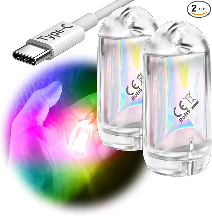 USB Mini LED Lantern, 2 Pack Waterproof EDC Keychain LED Flashlight for Camping, Type-C Rechargeable Battery Small Stick Lamp Puck Dog Collar Torch Light (7-Color Automatic Flashing)