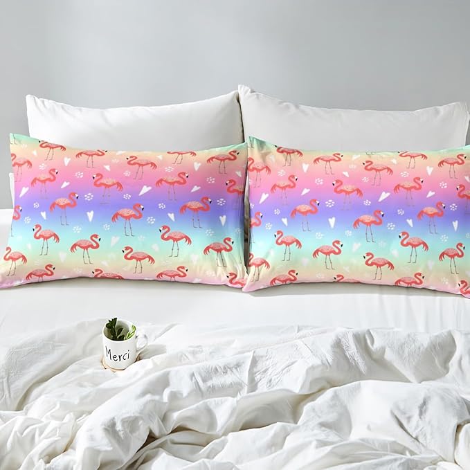Erosebridal Pink Flamingo Bed Sheets Set - Twin Blue Purple Rainbow Gradient Sheet Set for Boys & Girls - Cute Animal Flamingo Fitted & Flat Sheets - 3 Pcs