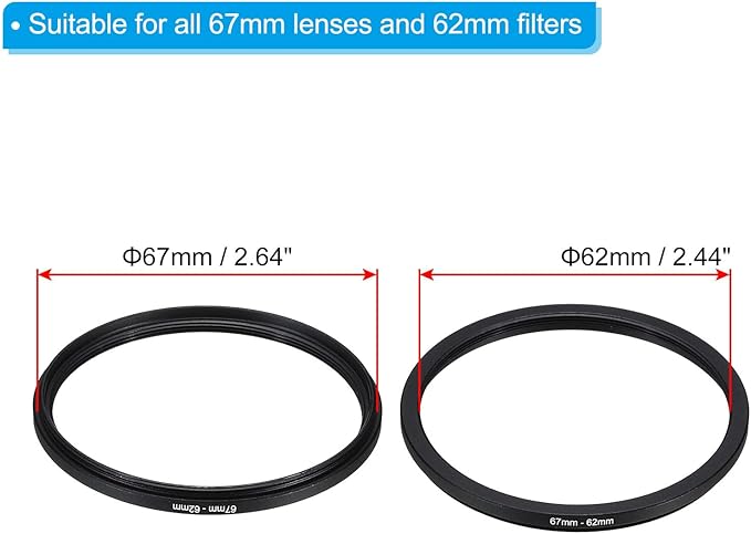 PATIKIL 67mm-62mm Metal Step Down Ring with Cleaning Cloth, 2 Pack Camera Lens Filter Adapter Ring Aluminum Filter Adapter Ring for Camera Lenses Hood, Black