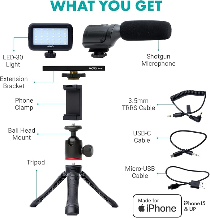 Movo USB-C Vlogging Kit for iPhone 15/16 - Phone Video Kit Accessories: Phone Tripod, Phone Mount, LED Light and Shotgun Microphone - Youtube Starter Kit for Content Creation, TikTok, Podcasts