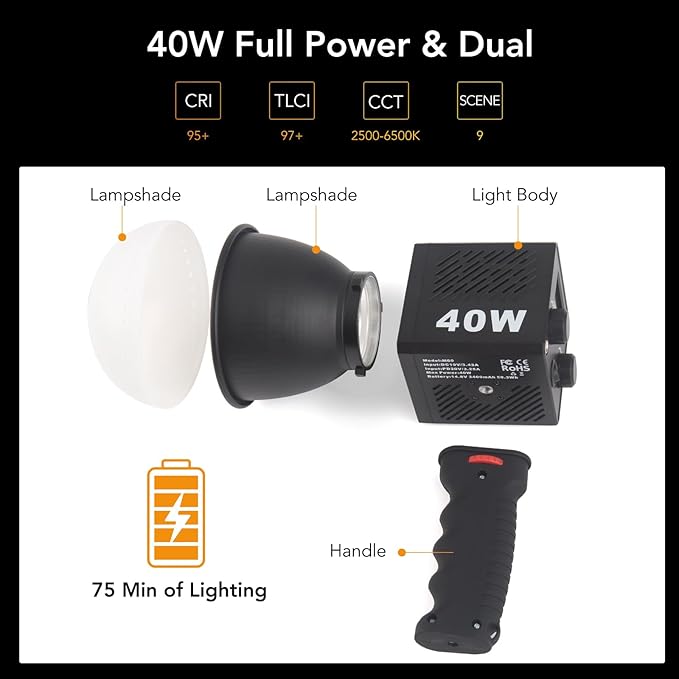 M60 Handle LED Video Light with Soft Box Protable Mini COB LED Bi-Color 2500-8500K CRI≥95 TLCI≥97 Built-in 3400mAh Battery Photo Studio Lights Vlog Shoot Fill Lighting 8 Scenes (M60 with Soft Box)