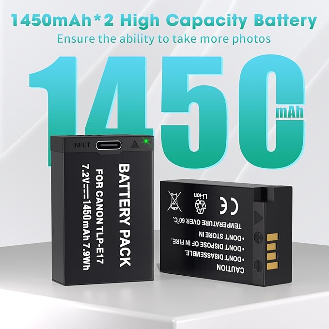LP LP-E17 Battery 2-Pack 1450mah USB-C Charging Port Battery for Canon EOS R50 RP R10 R8, Rebel T8i, T7i, T6i, T6s, SL2, SL3, EOS M3, M5, M6, EOS 200D,77D,750D,760D,800D,8000D Digital SLR Camera