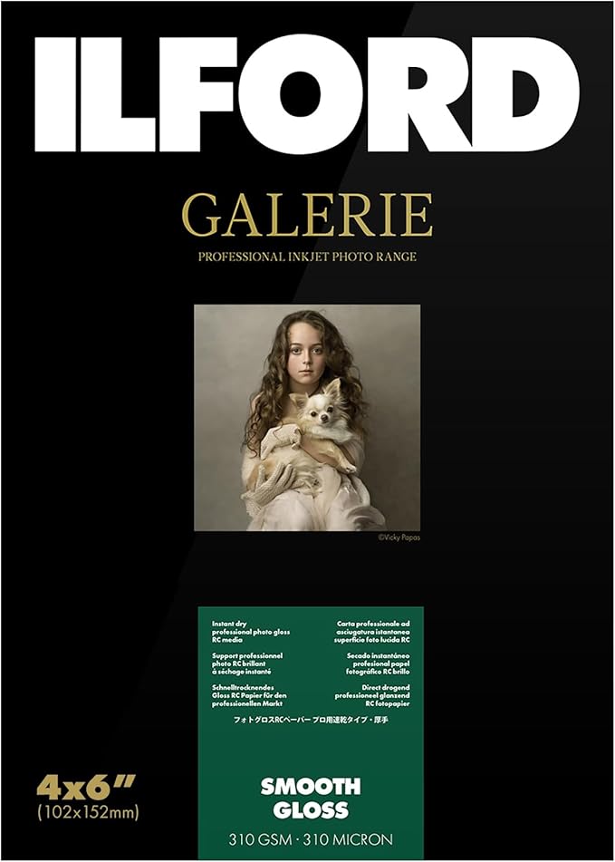 Ilford Galerie 4x6” (100 Sheets) Smooth Gloss Instant Dry Archival Photo Inkjet Paper 12mil / 310gsm for Dye and Pigment Ink Printers, Color and Black and White, Made in Germany