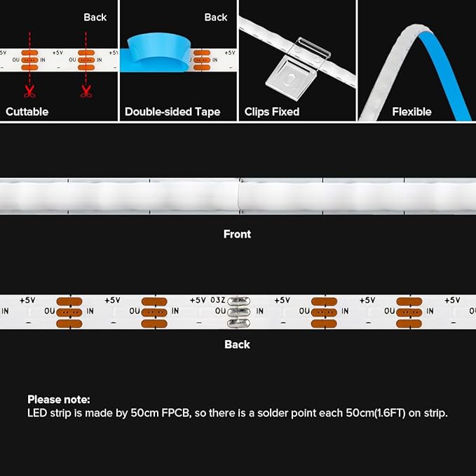 BTF-LIGHTING FCOB COB XGB1338(WS2812B) IC RGB 160LED/m 480IC LED Strip DC5V 9.8FT Individual Addressable Flexible High Density Uniform Light Dream Chasing Color 0.19in Width(NO Adapter or Controller)